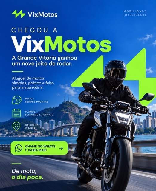 Post do Instagram da Vixmotos: motociclista em ponte com paisagem litorânea ao fundo, anunciando a chegada do aluguel de motos na Grande Vitória